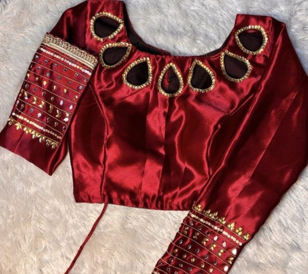 Maroon Full Sleeve Satin Blouse With Stone Detailing