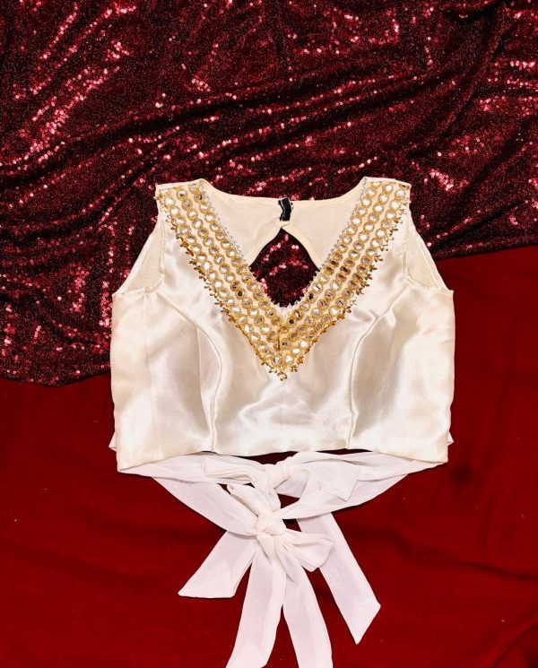 White Satin Gota Lace Embroidery Blouse for Women